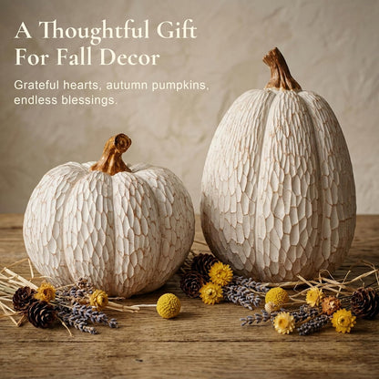 Fall Pumpkin Decor, Set of 2 Resin Pumpkins, Thanksgiving Decor | Elegant Textured White Pumpkins, Fall Decor Accent for Thanksgiving Table Centerpiece, Mantel, Shelf and Autumn Home Decor.6