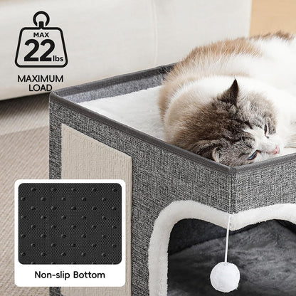 Cat Beds for Indoor Cats,Large Cat Cave House with Scratch Pad and Fluffy Ball,Foldable Cat Condo Hideaway, Modern Kitten Bed, Grey2