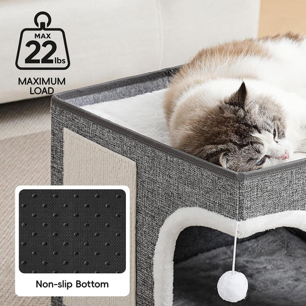 Cat Beds for Indoor Cats,Large Cat Cave House with Scratch Pad and Fluffy Ball,Foldable Cat Condo Hideaway, Modern Kitten Bed, Grey2