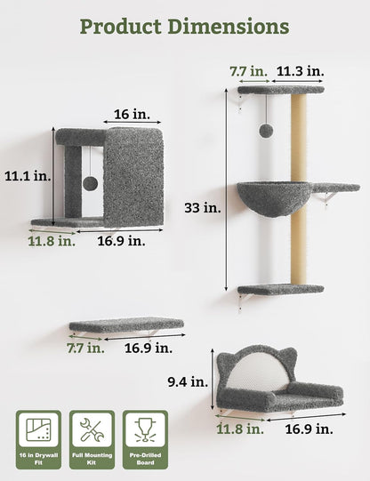 5-In-1 Cat Wall Shelves, Solid Wood Cat Wall Furniture Set for Indoor Cats | 44 Lb per Shelf, 72-Hour Load Tested, Pre-Drilled, Fits 16 In. Stud Drywall & Solid Walls, for Small to Medium Cats5