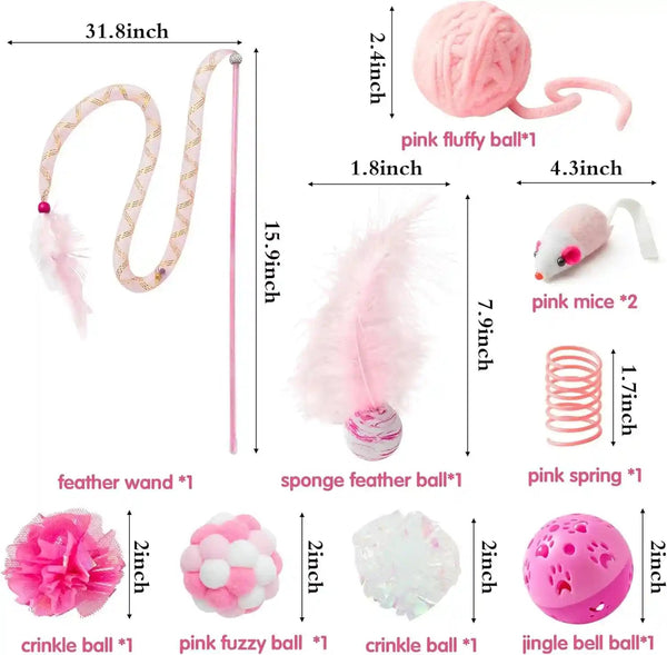 MALLMALL6 10Pcs Cat Toy Set Interactive Cat Toys Pack Including Feather Teaser Wand Cat Springs Mice Crinkle Balls and Pet Bell Balls, Puzzle Toys for Indoor Cats Gift (Pink)2