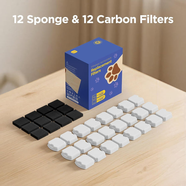 GIOTOHUN Cat Water Fountain Filter: 24 Cat Fountain Filter Replacement - 12 Filters & 12 Sponges - 6 Months Set of 24 Pet Fountains Filters for ATMZIQXR GIOTOHUN KOOGMOON UMOCUOY IHOUONE HOOISE8
