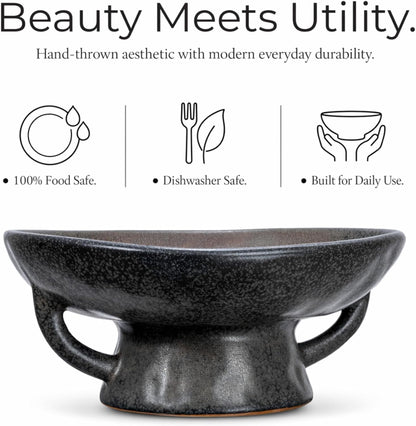Creative Co-Op Stoneware Bowl with Handle and Base, Black Reactive Glaze10