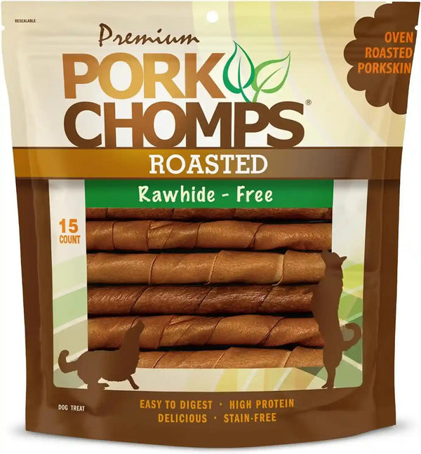 Pork Chomps Roasted Pork Skin Dog Chews, 6 Inch Twists, 15 Count - Long-Lasting Treats for Dogs - High Protein, Rawhide-Free, Low Fat, Healthy & Delicious Chews1