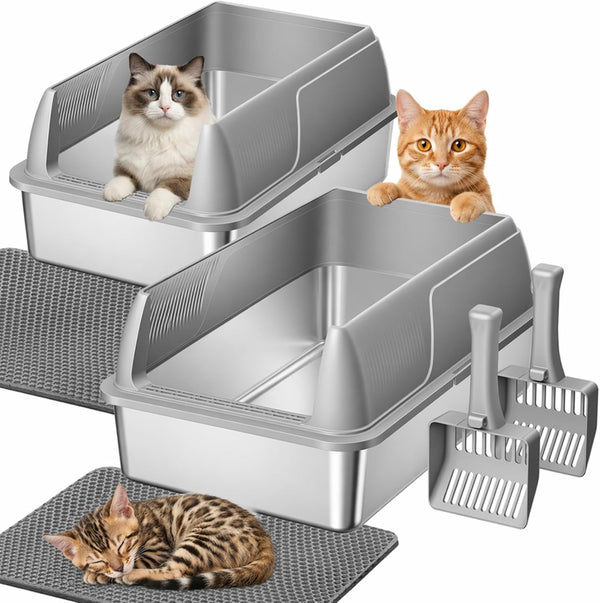 Gimars 2 Pack XL Stainless Steel Cat Litter Box for Big & Senior Cats, Multi-Cat Metal Litter Pan with High Sides, Odor-Resistant & Easy Clean, Includes Litter Scoop, Litter Mat & Anti-Slip Pads12