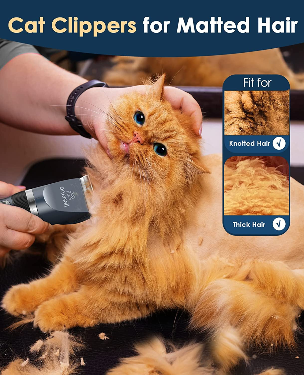 oneisall-quiet-cat-clippers-for-matted-hair-long-hair-cat-shaver-cordless-cat-grooming-kit-lcd-display-6-guard-combs-240-min-runtime-2-speed-low-noise-trimmer-for-cats-small-dogs