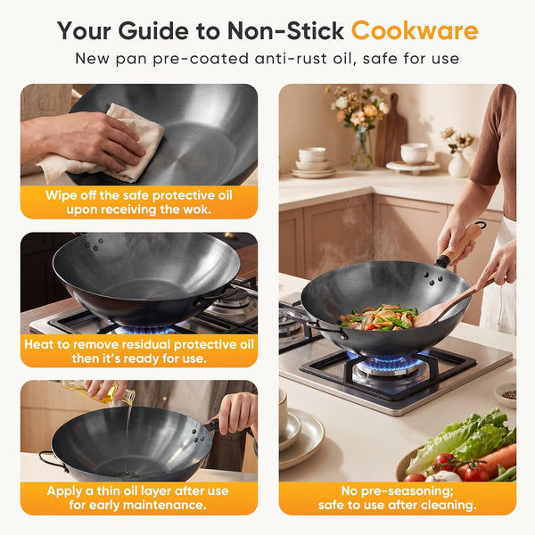 13.5" Carbon Steel Wok Pan, Pre-Seasoned Flat Bottom Wok for Stir Fry, BBQ, Grill & Camping, Compatible with Induction, Electric, Gas and Open Fire, Black7