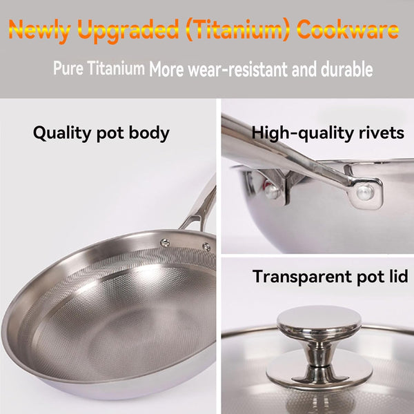 Titanium Hammered Wok Pure with Lid, No Coating Non-Stick Titanium Cookware, Frying Pans, Hammered Pan, Ultra-Durable, Scratch-Resistant, Safe for Oven, Induction & Cooktops up to 750°F,11.81I7