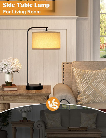 20.7" Tall Table Lamp with USB & Outlet, Fully Dimmable Nightstand Lamp | Linen Lampshade, USB Port and Outlet, Black Desk Lamp for Bedside, Living Room, Guest Room, Home Office, LED Bulb Included5