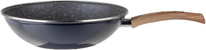 Nonstick Wok Pan 11 Inch Enamel Steel Gray | Induction Compatible, All Stovetop Ready, Even Heat Cooking, Wood-Look Handle, Lightweight Design, Easy Cleanup1