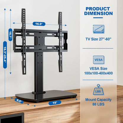 Universal TV Stand for 27-60 Inch Tvs with Swivel Mount, Height Adjustable Table Top TV Stand Mount, Heavy Duty Tempered Glass Base, TV Pedestal Stand Holds up to 88 Lbs, VESA 400X400Mm6