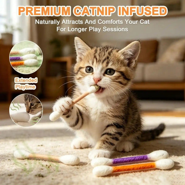 Ledeng Cotton Swabs Cat with Catnip, Swabs Catnip Toys Set of 6 Soft Plush Kicker Toys, Sturdy Teething Chew Toy (B)4