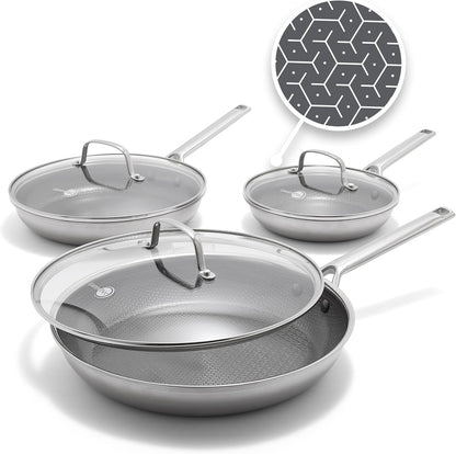 Hybrid 6 Piece (8",10" & 12") Stainless Steel Skillets with Lids | APEX Tri-Ply Frying Pans, Pfas-Free Nonstick, Induction & All Cooktop Compatible, Dishwasher & Oven Safe to 850F, Silver1