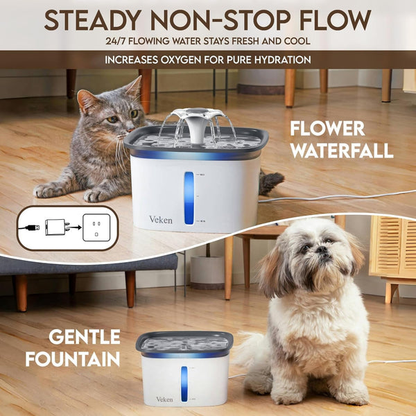 Veken Innovation Award Winner 95Oz/2.8L Cat Water Fountain | Automatic Pet Fountain Dog Water Dispenser with Replacement Filters & Silicone Mat, Gift for Cats, Dogs, Multiple Pets (Grey)2