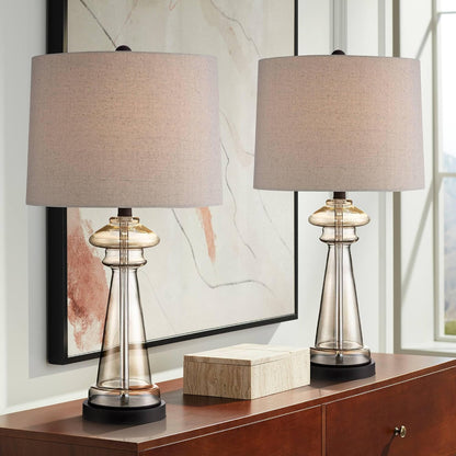 Dalia 27" Tall Table Lamps Set of 2 Champagne Glass Country Traditional | Clear Cottage Bedroom Living Room House Bedside Nightstand Office Family Home Taupe Tapered Drum Shade2