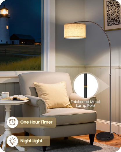 75" Arc Floor Lamp with Marble Base and Adjustable Height, Rotating Hanging Shade, Dimmable Floor Lamp for Living Room with Remote and Foot Switch, 3CCT, over Couch Arched Reading Light E15LD058