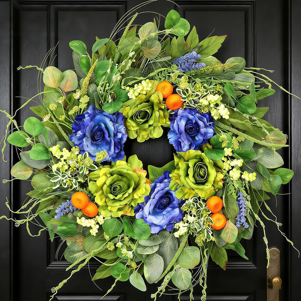 Spring Wreaths for Front Door 24 Inch Artificial Rose Wreath with Rose & Eucalyptus Leaf Orange Berry Accents,Summer Wreath for Home Wall Porch Window Easter Year-Round Indoor/Outdoor Decor1