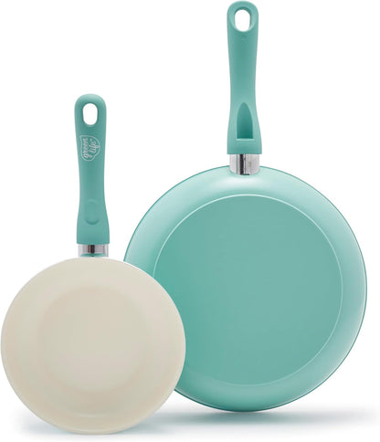2 Piece (7” & 10”) Ceramic Nonstick Frying Pan Set, Turquoise | Pfas-Free Nonstick Coating, Family Skillet Set, Egg Pan, Omelet Pan, Stay-Cool Handles, Dishwasher & Oven Safe up to 350F1