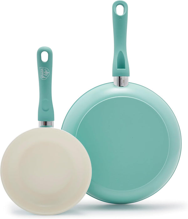 2 Piece (7” & 10”) Ceramic Nonstick Frying Pan Set, Turquoise | Pfas-Free Nonstick Coating, Family Skillet Set, Egg Pan, Omelet Pan, Stay-Cool Handles, Dishwasher & Oven Safe up to 350F1