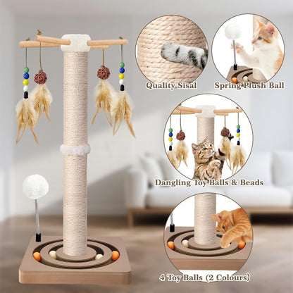 PAROTO Cat Scratching Post, Sisal Cat Tree Tower Scratcher for Indoor Cats Adults with Interactive Toys, Double Ball Track, 2 Mounting Methods, 25 Inches3