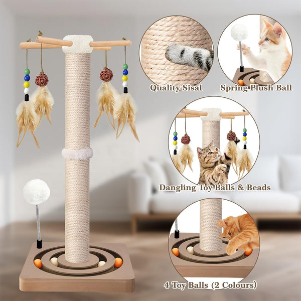PAROTO Cat Scratching Post, Sisal Cat Tree Tower Scratcher for Indoor Cats Adults with Interactive Toys, Double Ball Track, 2 Mounting Methods, 25 Inches3