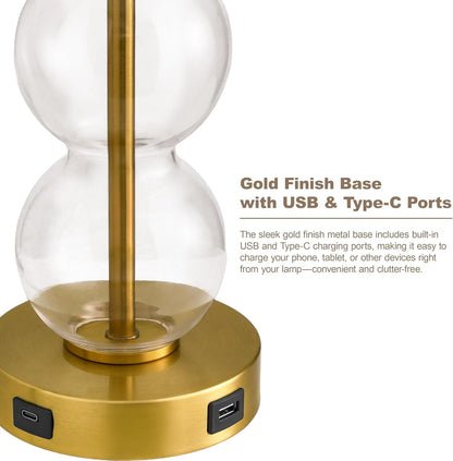25" Glass Table Lamps Set of 2, Gold Modern Table Lamps with USB Ports for Living Room, Linen Shade Bedside Lamps for Bedroom, Nightstand, Side Table (Bulbs Not Included)8