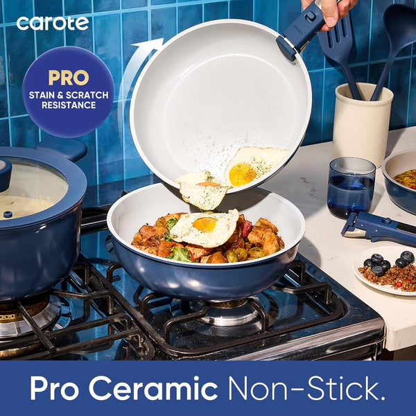 27Pcs Ceramic Cookware Set, Pots and Pans Set with Detachable Handle | Non-Stick, Non-Toxic, PFAS and PFOA Free, Induction Compatible, Dishwasher & Oven Safe, Space Saving, Camping Cooking, Blue3
