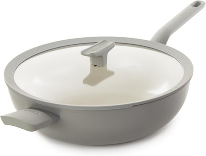 Leo Balance 12.75" Ceramic Nonstick Wok Pan with Glass Lid | 6.2Qt Flat Bottom Induction Stir Fry Pan, Recycled Aluminum, PFAS Free, Stay Cool Helper Handle, Spoon Rest Lid, Moonmist2