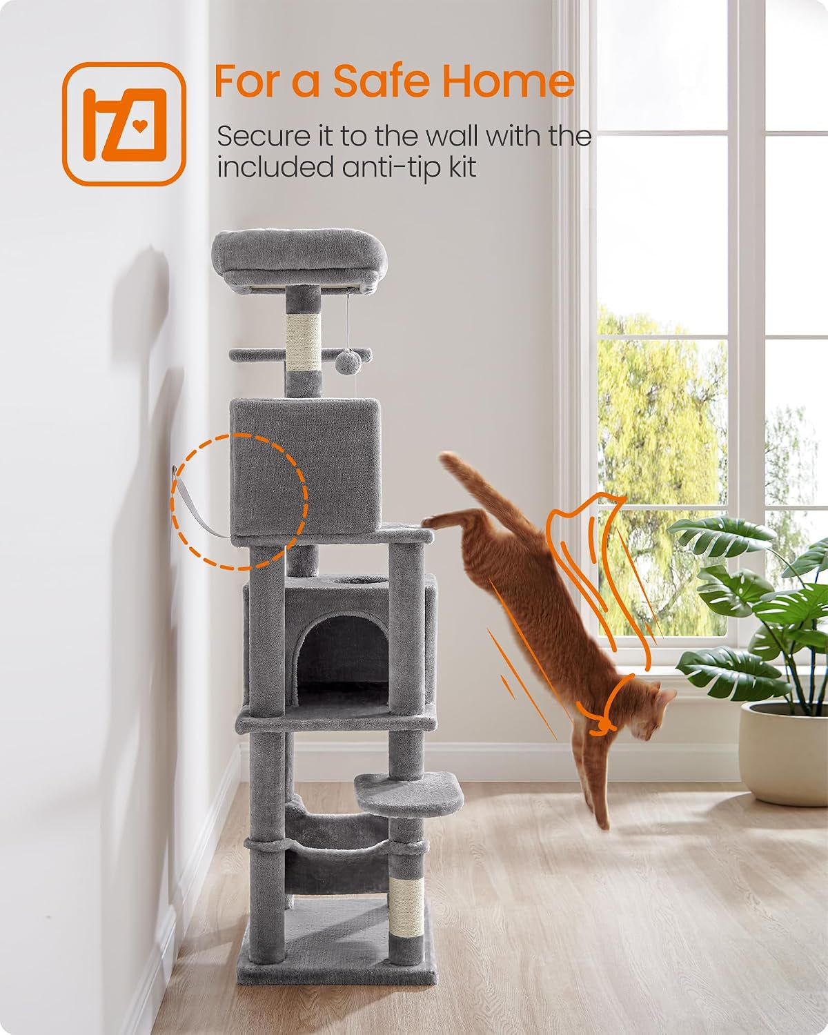 feandrea-cat-tree-59-5-inch-tall-cat-tower-plush-multi-level-condo-with-5-scratching-posts-2-perches-2-caves-hammock-2-pompoms-light-gray-upct192w01