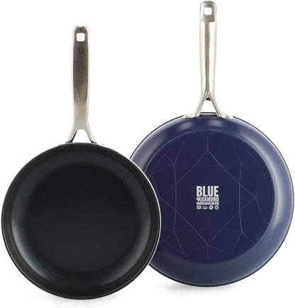 2 Piece Nonstick Frying Pan Set, 9.5” & 11" Skillets, Pfas-Free Ceramic, Dishwasher & Oven Safe, Stainless Steel Handle, Durable Metal Utensil Safe, Egg & Omelet Pans, Blue | 9.5" X 11" Skillets, Pfas-Free Ceramic Nonstick, Dishwasher & Oven Safe, Stay Cool Handle, Durable Metal Utensil Safe1