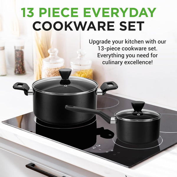 13-Piece Nonstick Cookware - Heat Resistant Kitchen Ware Set W/Saucepan, Frying Pans, Cooking Pots, Casserole, Lids, Ladle, Fork, Strainer - NCCWA13, Black2