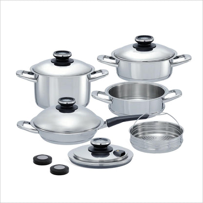 A by AMC - Foundation Stainless Steel Cookware Set - 11" Fry Pan + 3.7 Qt Rondeau + 6.9 Qt Stock Pot + Steam Lid + Steamer Basket & Stackable + 2 Digital Cooking Assistants - Induction Compatible1