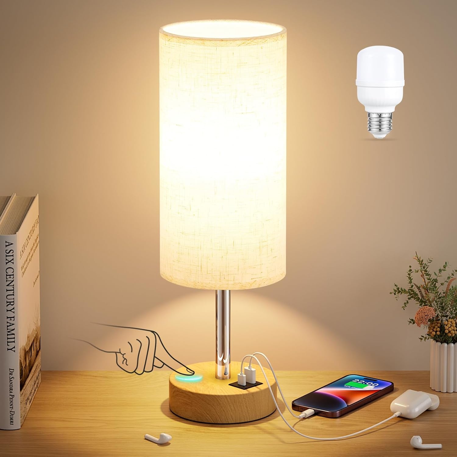 bedside-table-lamp-for-bedroom-3-way-dimmable-touch-lamp-usb-a-c-led-bulb-included-14-small-nightstand-lamp-for-desk-living-room-guest-room-cream-fabric-lampshade-wood-grain-metal-base