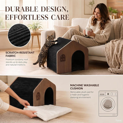 Modern Wooden Cat House Indoor – E0 Grade Enclosed Cat Cave Bed with Washable Cushion, Eco-Friendly Non-Toxic Pet Furniture for Kittens & Medium Cats up to 20 Lbs4