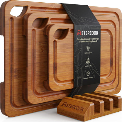 Deep-Carbonized Bamboo Cutting Boards for Kitchen with Wood Storage Stand, Reversible Charcuterie & Chopping Boards with Juice Grooves and Easy-Grip Handles, Fathers Day Gift for Men1