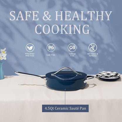 Premium Ceramic Sauté Pan with Lid, 4.5 QT Nonstick Deep Pan | for Healthy Everyday Cooking, PFAS & PTFE Free, Induction Compatible, Oven Safe up to 500°F, Stay-Cool Handle, Navy Blue2