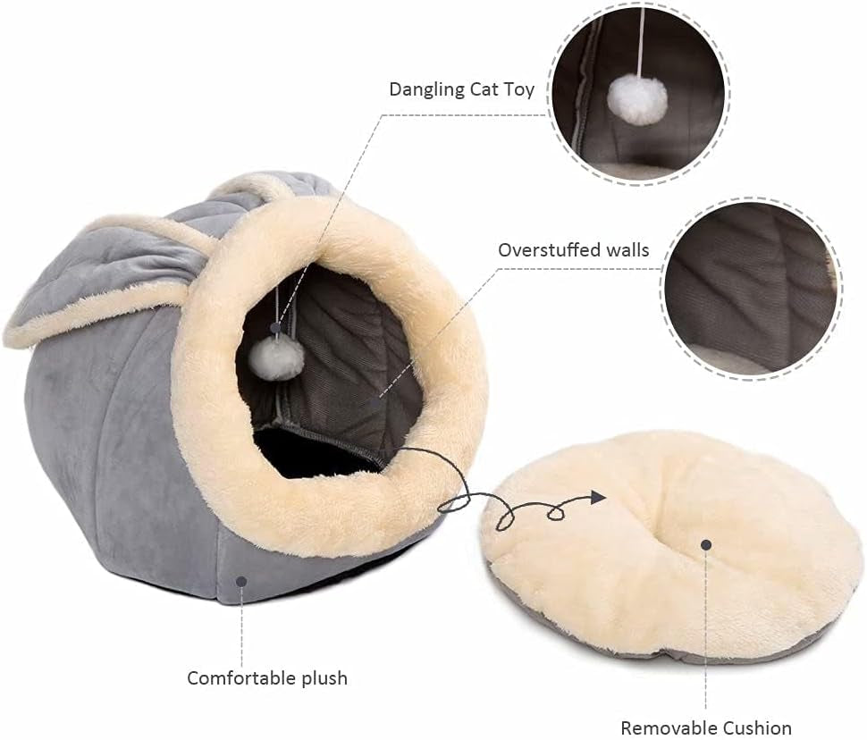 cat-beds-for-indoor-cats-rabbit-shaped-cat-cave-bed-with-hanging-toy-grey-m-super-soft-calming-cat-tent-house-for-kitten-puppy-warm-plush-machine-washable-removable-cushioned-pad-cute-cat-hideaway