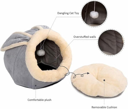 Cat Beds for Indoor Cats-Rabbit-Shaped Cat Cave Bed with Hanging Toy,Grey M | Super Soft Calming Cat Tent House for Kitten&Puppy,Warm Plush&Machine Washable&Removable Cushioned Pad,Cute Cat Hideaway8