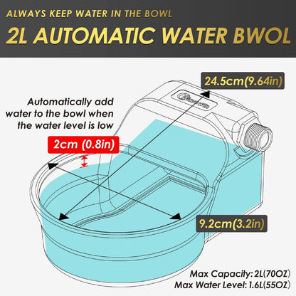Automatic Dog Water Bowl Dispenser Patented 70OZ Water Dispenser for Dogs 2L Water Bowl Fit 3/4In GHT Male Faucet Outdoor Automatic Water Bowl Include Automatic Water Fill Valve Adapter 5Ft Water Hose2