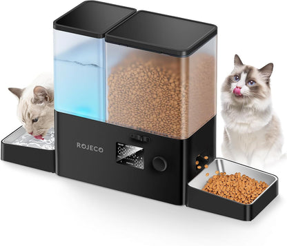 Rojeco 36Cups/8.5L Pet Automatic Cat Feeder and Gravity Water Dispenser,Stainless Steel Bowls 2-In-1 Set Large Capacity 5L Food Feeder and 3.5L Water Fountain for Cats,Pets,Small Dogs,Black1