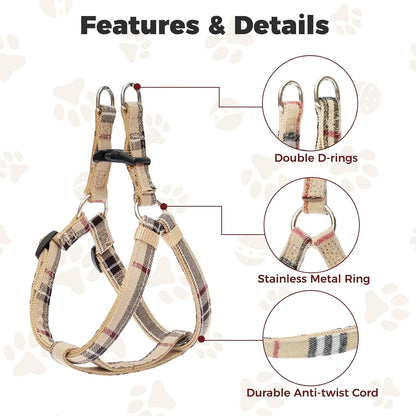 BINGPET Dog Harness Collar Leash Set,Adjustable No Pull Escape Proof Small Dog Harness,Classic Plaid Puppy Harness and Leash Set for Small Medium Large Dogs Training Easy Walk Running(Beige,S)3