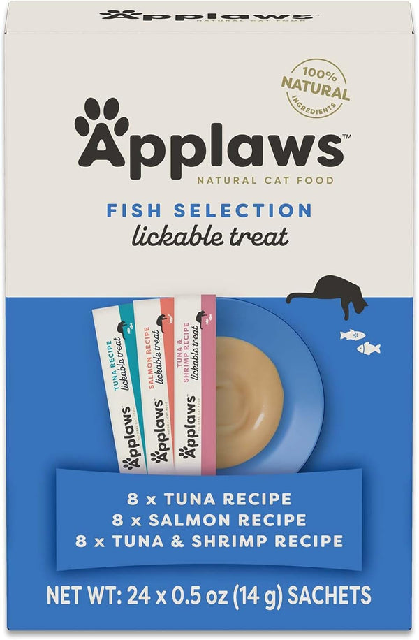 Applaws Fish Puree Lickable Cat Treats 24-Pack 0.5 Oz Sachets | 100% Natural, High Quality Protein, Limited Ingredient, Grain Free, Creamy Squeeze up Treats1