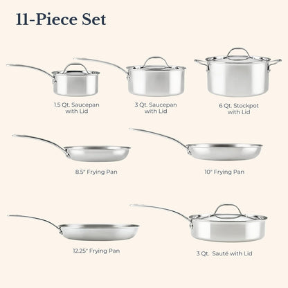 Everlast Clad Stainless Steel Pots and Pans Set, 11-Piece | Oven Safe to 500°F, Dishwasher Safe, Induction-Ready, Stainless Steel Cookware Set, Tri-Ply Clad for Even Heating2