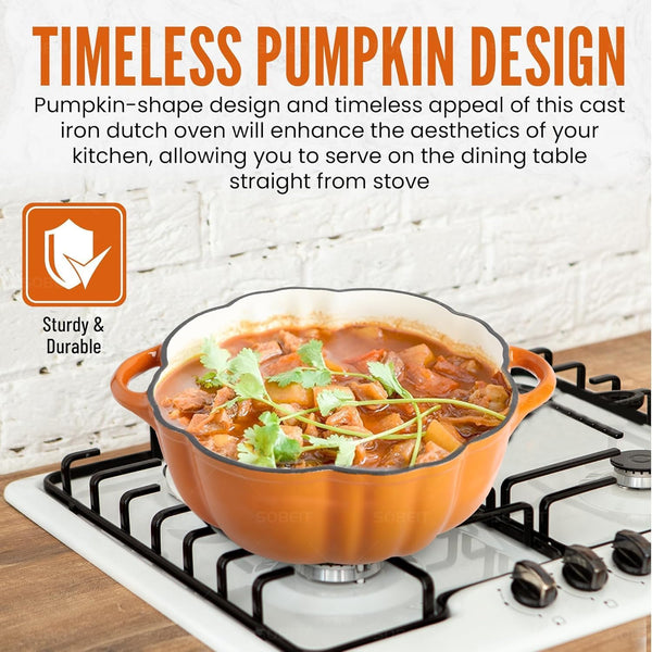 Pumpkin Dutch Oven Pot with Lid, Non-Stick Enamel Cast Iron Dutch Oven, 3.5QT Pumpkin Cocotte with Cast Iron Knob, Serves 3-5 (Orange)5
