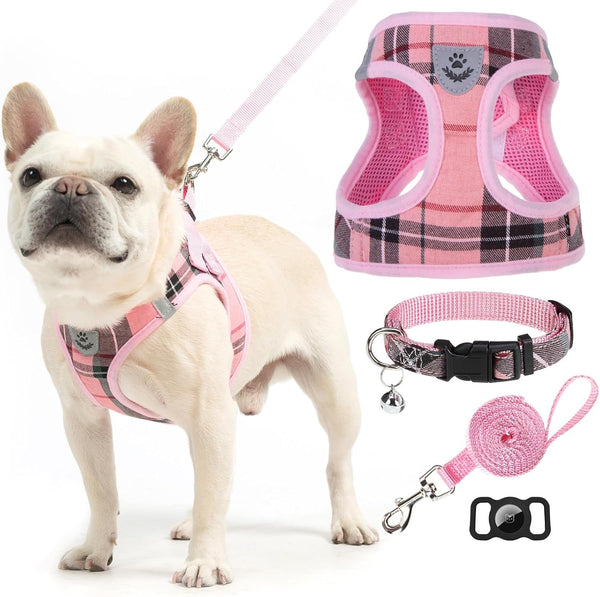 EXPAWLORER Plaid Small Dog Harness and Leash Set with Airtag Holder - No Pull Soft Padded Step in Dog Vest Harness Medium Sized Dog, Reflective Puppy Harness, Collar and Leash for Walking, Khaki S40