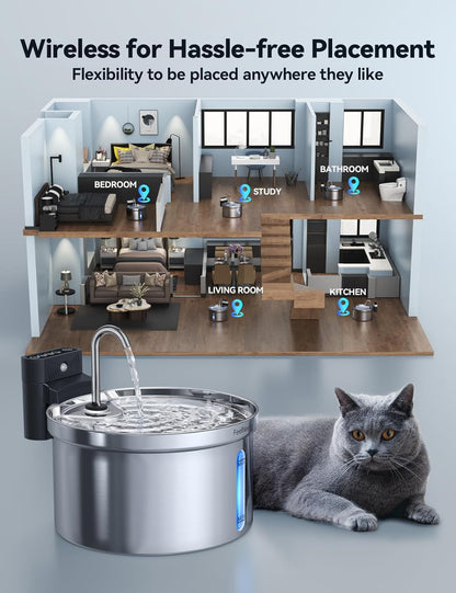 Wireless Cat Water Fountain [Water & Battery Separation] FEELNEEDY Stainless Steel Automatic Pet Water Dispenser, 4000Mah Battery Operated Water Fountains for Cats Dogs - 3.5L/118Oz3
