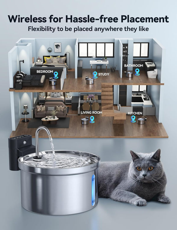 Wireless Cat Water Fountain [Water & Battery Separation] FEELNEEDY Stainless Steel Automatic Pet Water Dispenser, 4000Mah Battery Operated Water Fountains for Cats Dogs - 3.5L/118Oz3