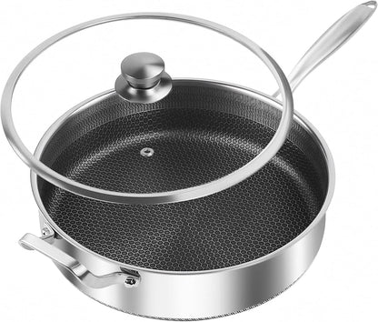 Frying Pans Nonstick Wih Lid, Non Stick Tri-Ply Stainless Steel Saute Pan, 8 Quarts Large Sauté Pan, 13.5 Inch Induction Cooking Pan, Dishwasher and Oven Safe, PFOA Free1