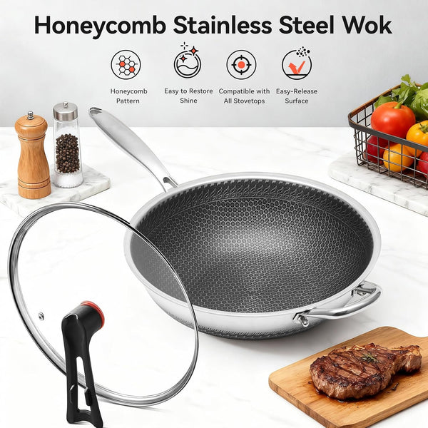 Stainless Steel Wok Pan with Lid, 12.6 Inch Honeycomb Hybrid Nonstick Stir Fry Pan, Tri-Ply Clad Skillet for Induction Electric Gas Stove, Dishwasher Safe, No Seasoning Needed (Serves 3-4)8