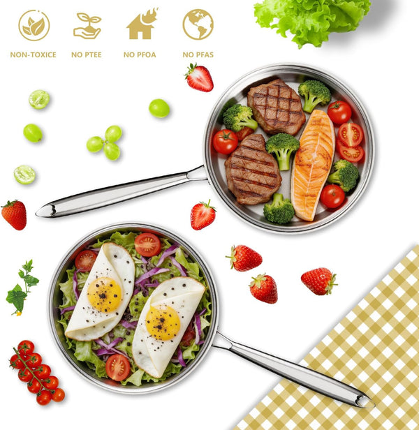 Tri-Ply Stainless Steel Frying Pan, Compatible with All Cooktops up to 600℉, Large Frying Pan with Lids, Induction-Ready Skillet, Dishwasher and Oven Safe, Even Heat (12.4 Inch)3